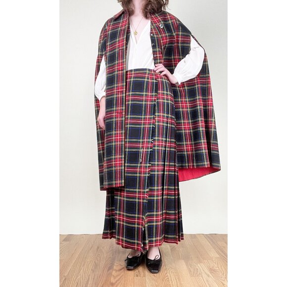 Vintage 4 Piece Wool Matching Set Plaid Kilt Tartan Pleated Cape Skirt Vest Suit - Picture 2 of 16
